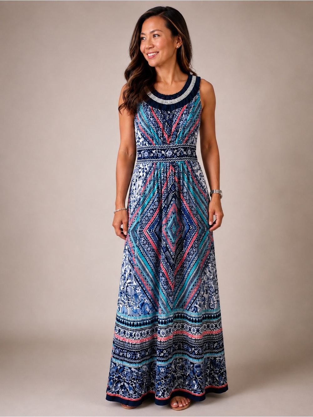 Cb Established 1962 Women's Blue Mixed Media Floral/ Geometric Maxi Dress Sz 6